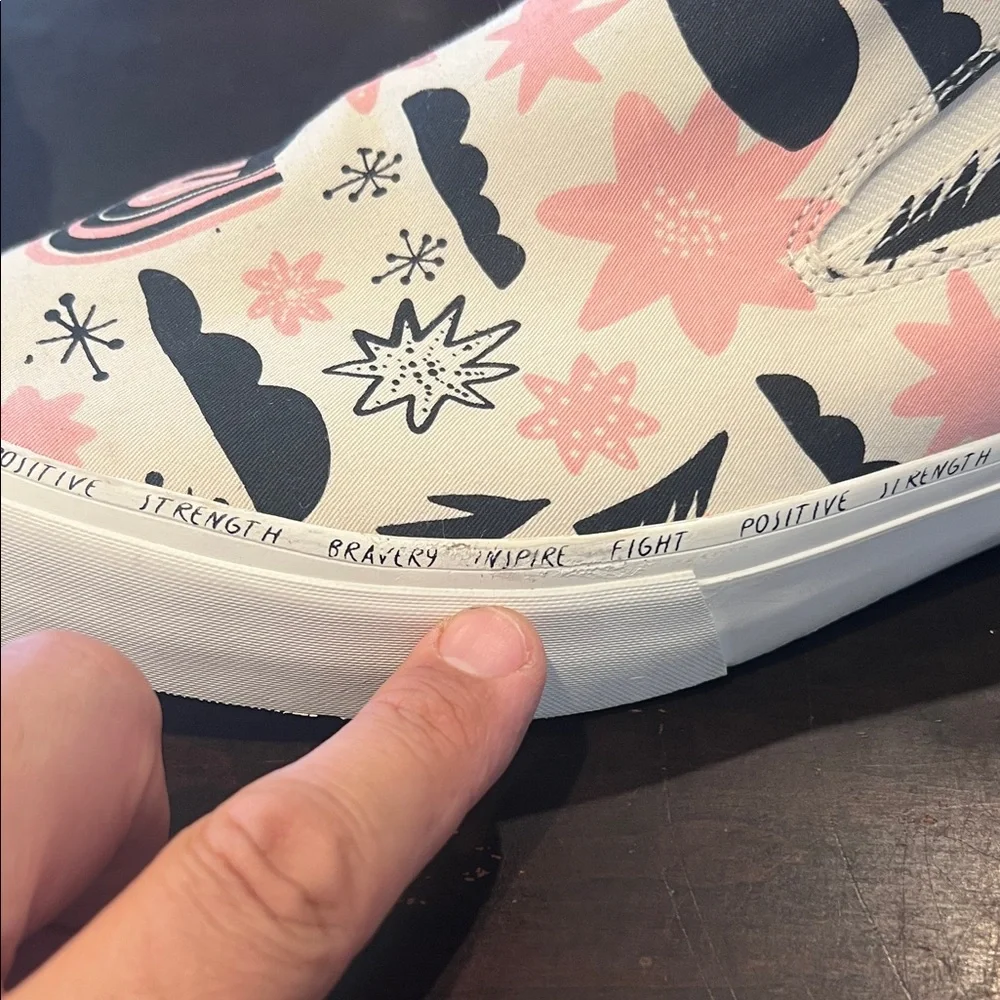SeaVees Cream, pink and Black Patterned Slip-On Shoes breast cancer awareness